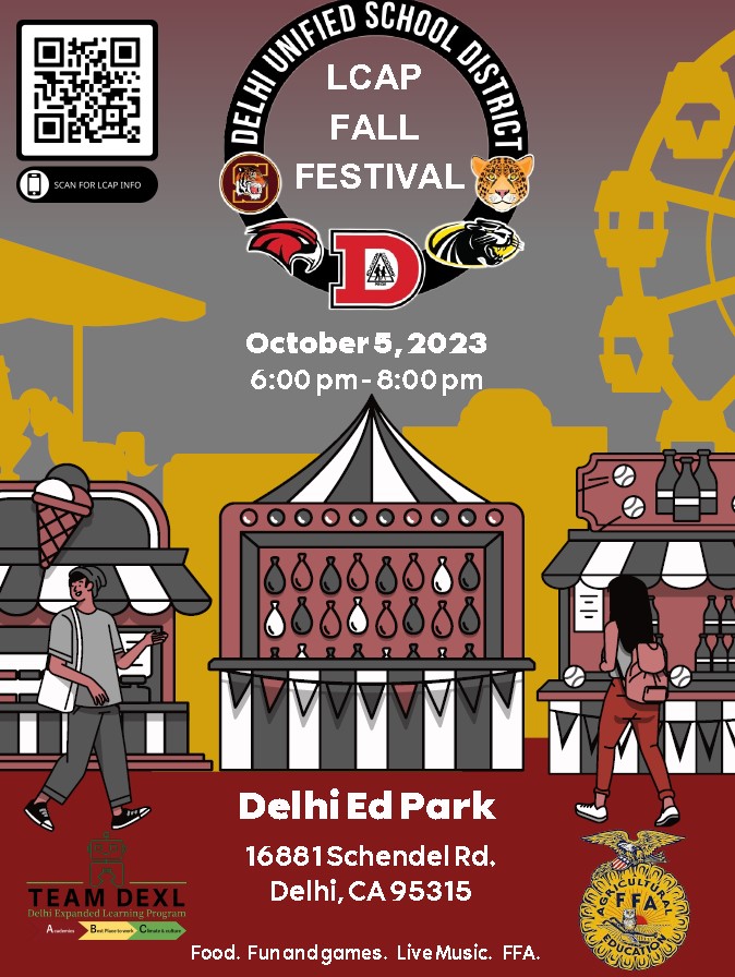 Fall LCAP Festival is Thursday, October 5, 2023 from 6pm to 8pm at the Delhi Educational Park campus.  Join us at the Fall LCAP Carnival 