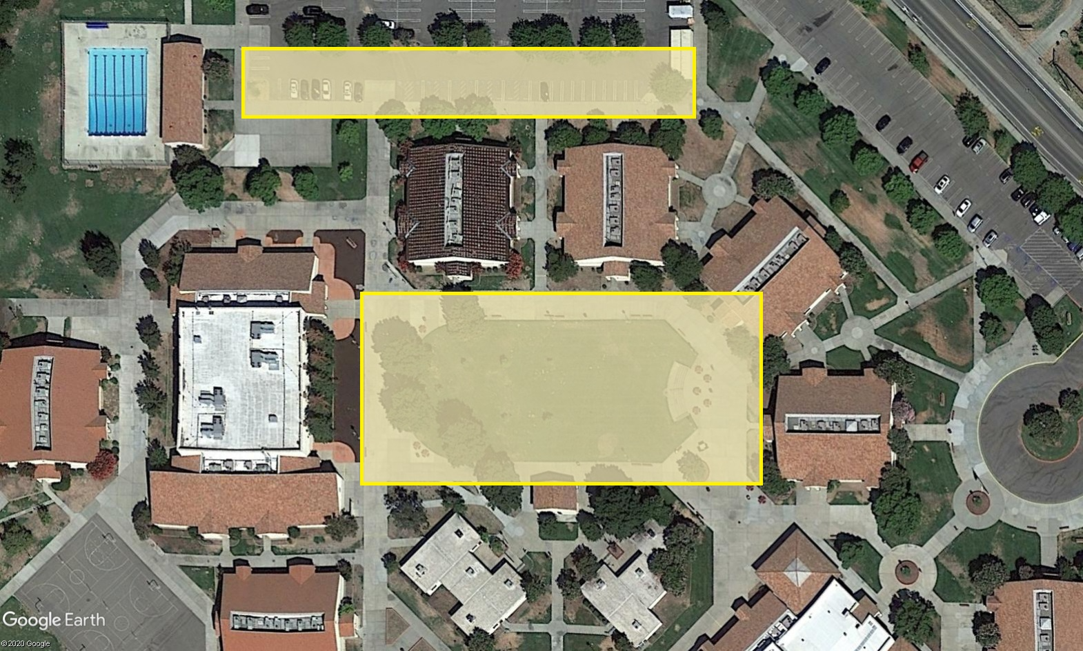 Delhi High School campus aerial view with yellow block where wifi coverage is available