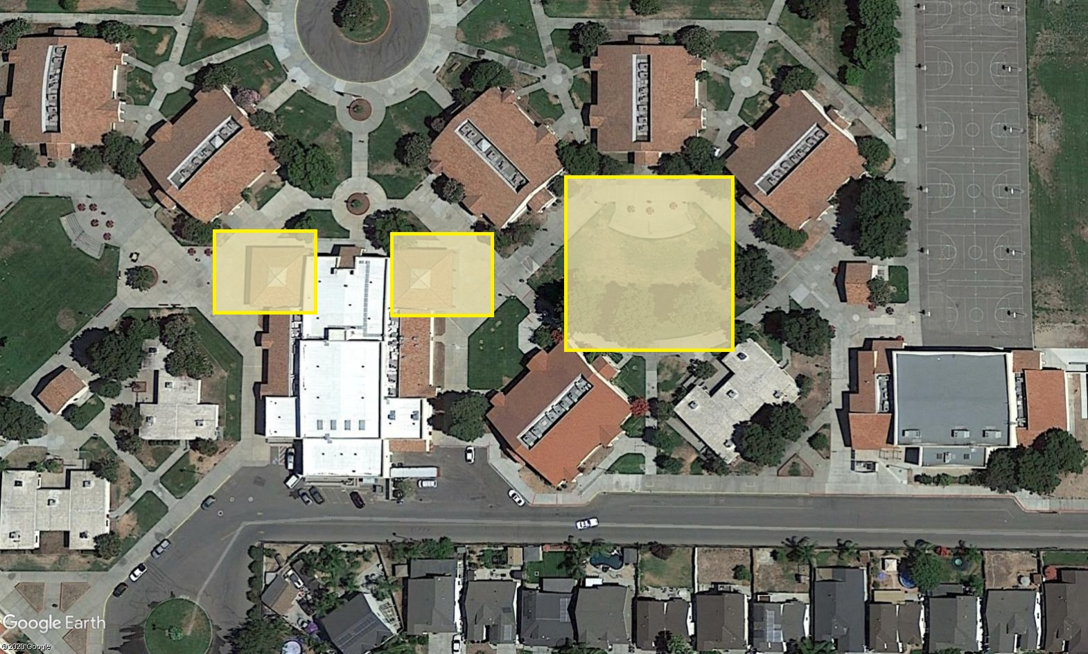 Delhi Middle School campus aerial view with yellow block where wifi coverage is available