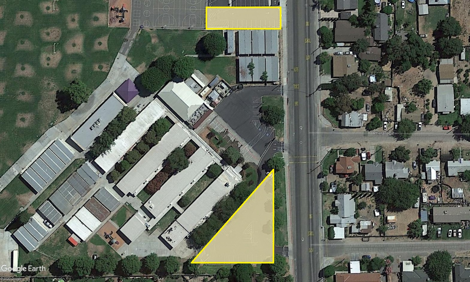 Schendel Elementary campus aerial view with yellow block where wifi coverage is available