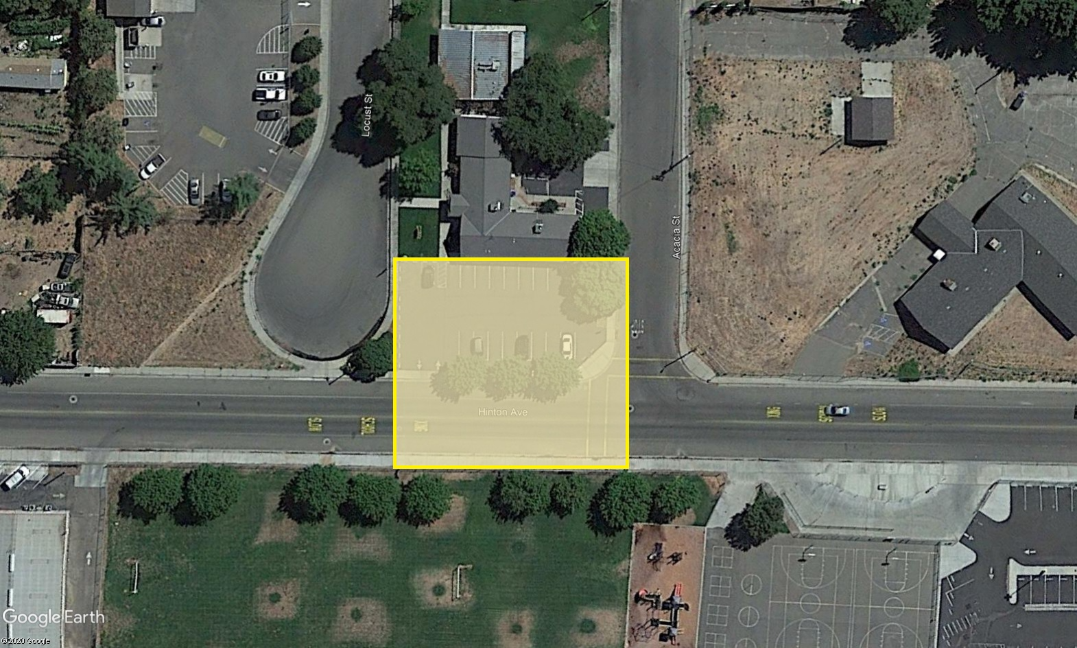 9716 Hinton Ave - Delhi Unified School District Office campus aerial view with yellow block where wifi coverage is available