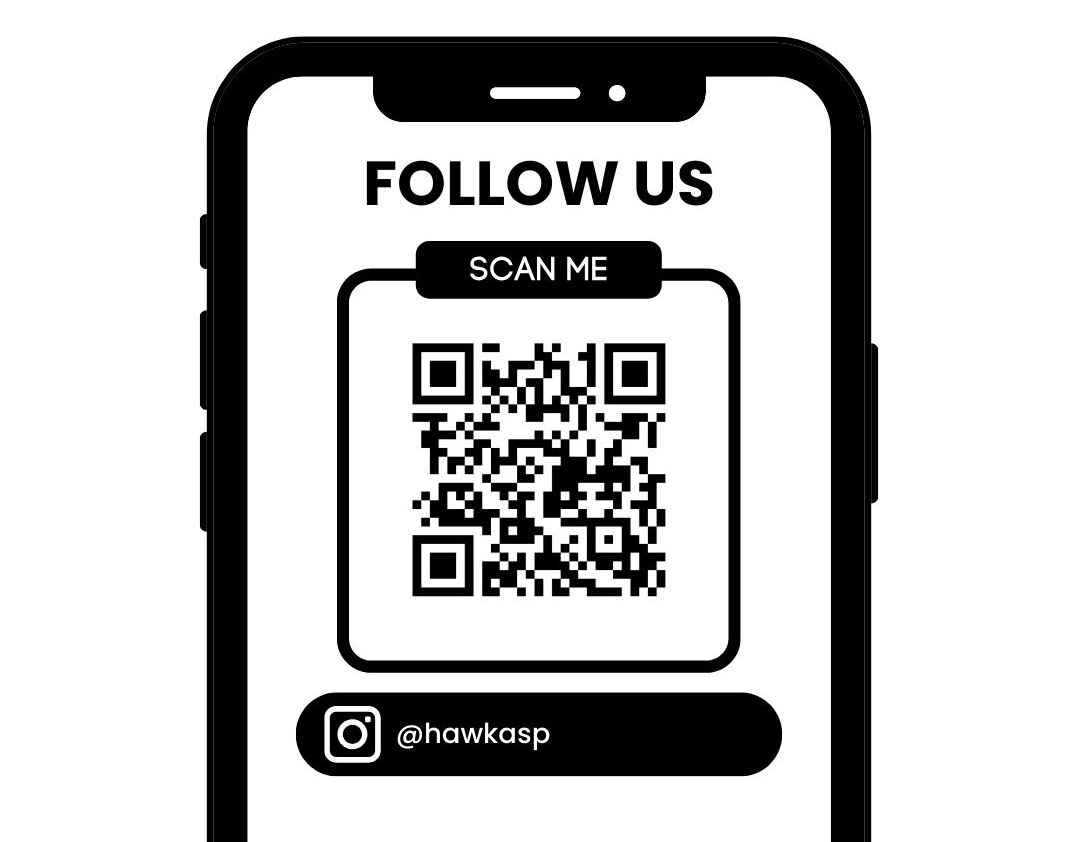 The image is a QR code with the text "FOLLOW US" and "SCAN ME" along with the handle "@hawkasp". It is tagged with "text" and "flash memory".