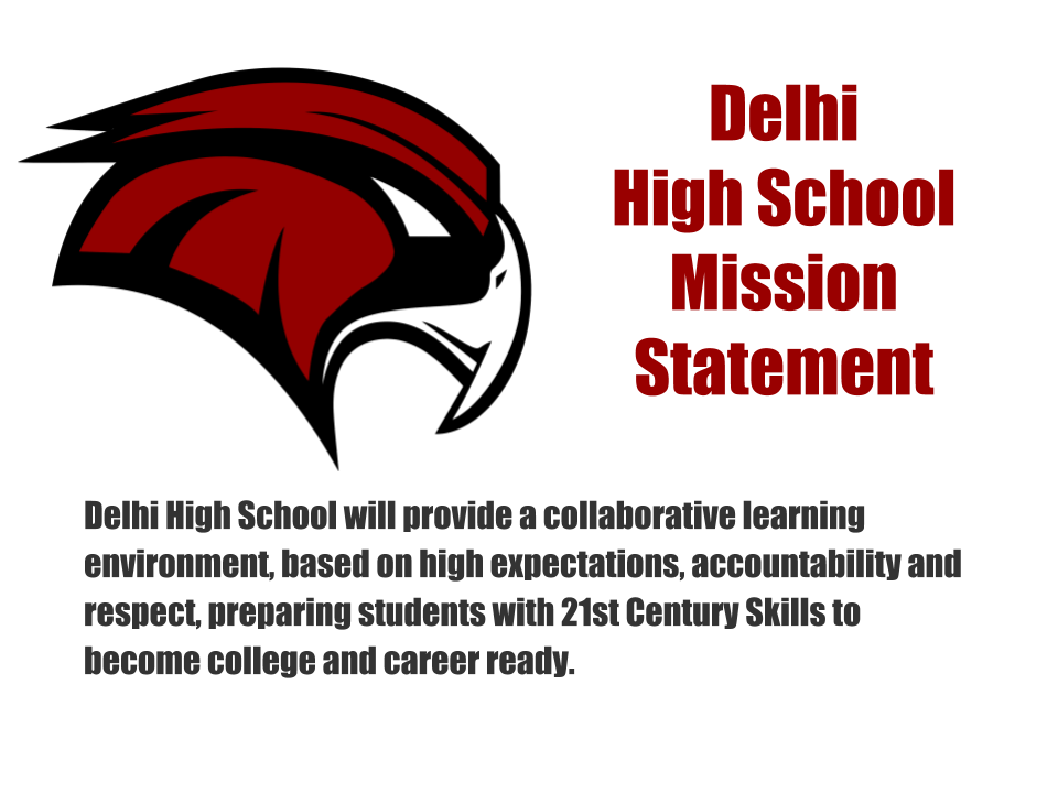 Delhi High School Mission Statement, image of Hawk logo.  Delhi High School will provide a collaborative learning environment, based on high expectionations, accountability and respect, preparing students with 21st Century Skills to become college and career ready.