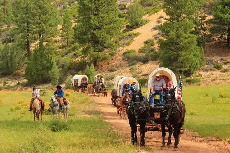 A group of people in cowboy hats riding a stagecoach down a dirt road.