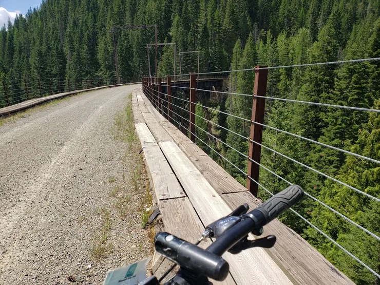 A dirt road with a railing, set against the backdrop of a forest and mountain range.