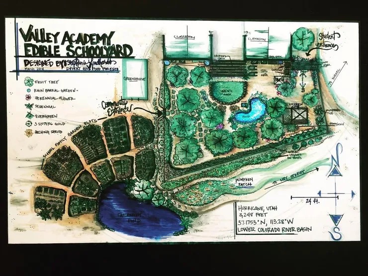 An illustration of a schoolyard with detailed plans and notes, showcasing various elements such as gardens, trees, walkways, and the layout of the school. The image is hand-drawn and provides an informative perspective on the planned 