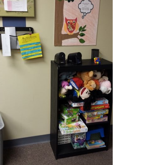 Shelf with stuffed animals and board games