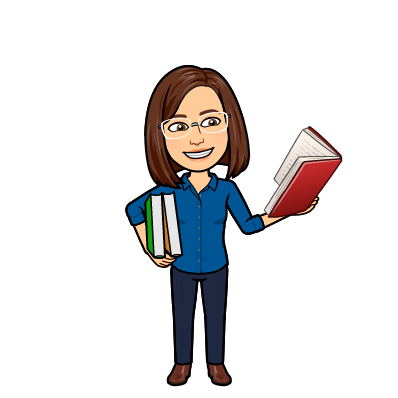 Cartoon avatar of Kimberley Trillet she is wearing glasses and has short brown hair, wearing a blue shirt with black pants, she is holding and reading books and smiling