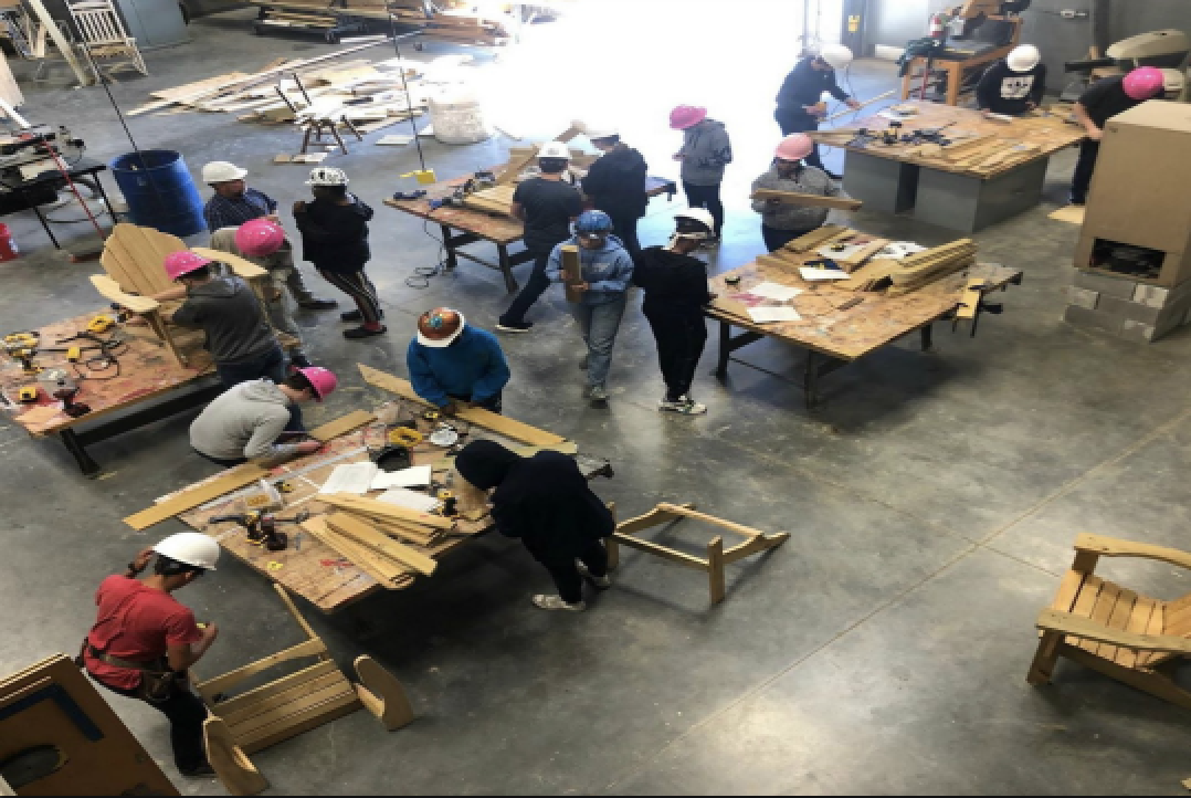 Students working on project at desks in the shop