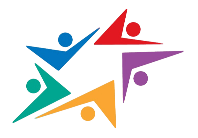 Five colorful, abstract human figures in blue, red, purple, green, and orange form a star shape. Each figure has a circular head and angular body.