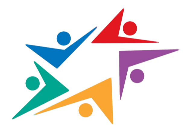 Five colorful, abstract human figures in blue, red, purple, green, and orange form a star shape. Each figure has a circular head and angular body.