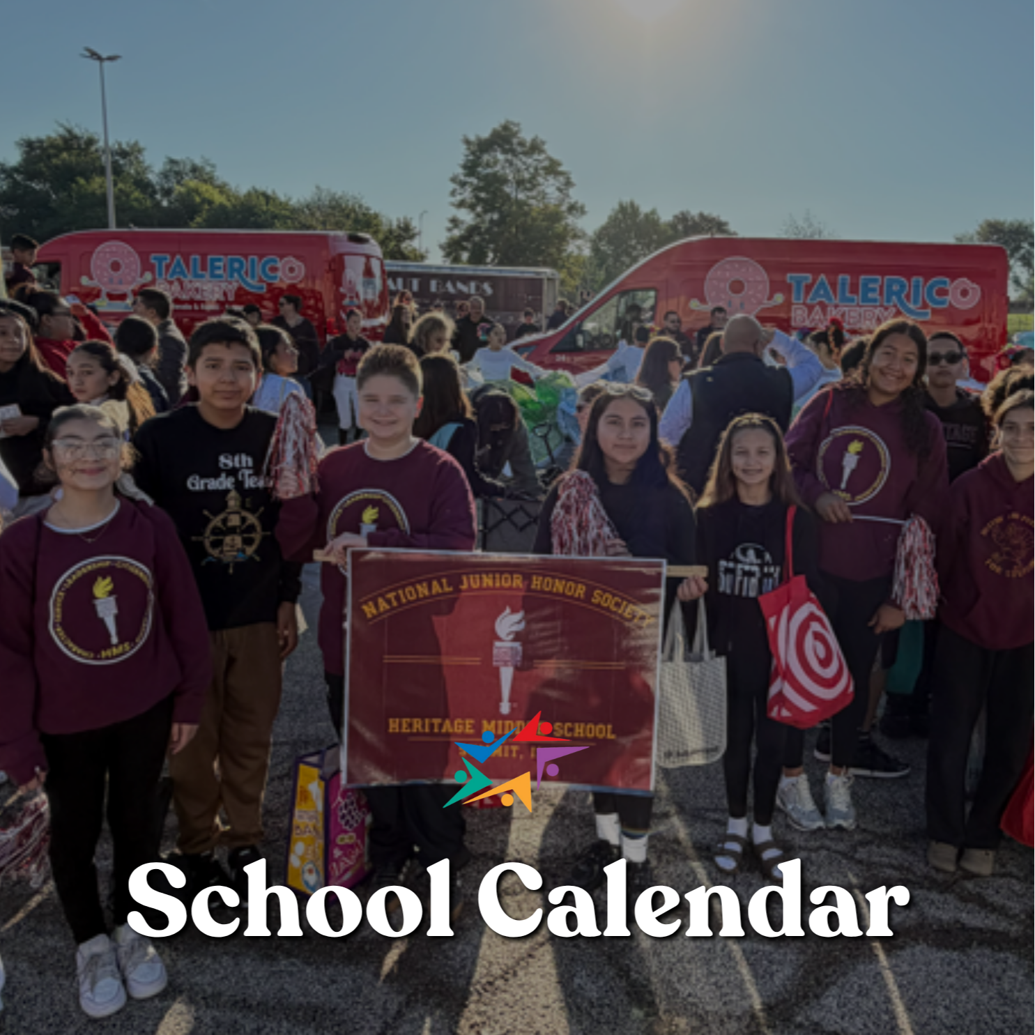 Students in burgundy school uniforms gather outdoors at an event, holding a banner beneath a bright sun; red school buses and a “School Calendar” title set an upbeat tone.