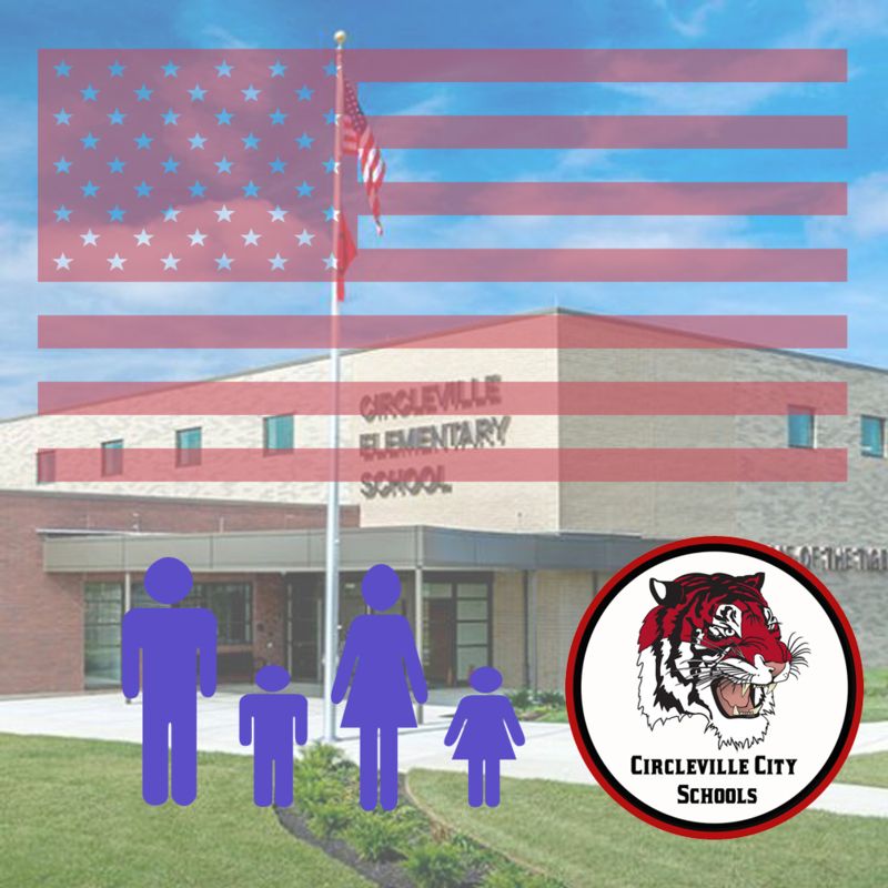 cartoon family with american flag and school in background