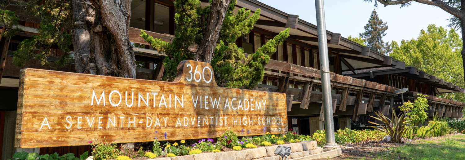 school with wooden mountain view academy sign in front