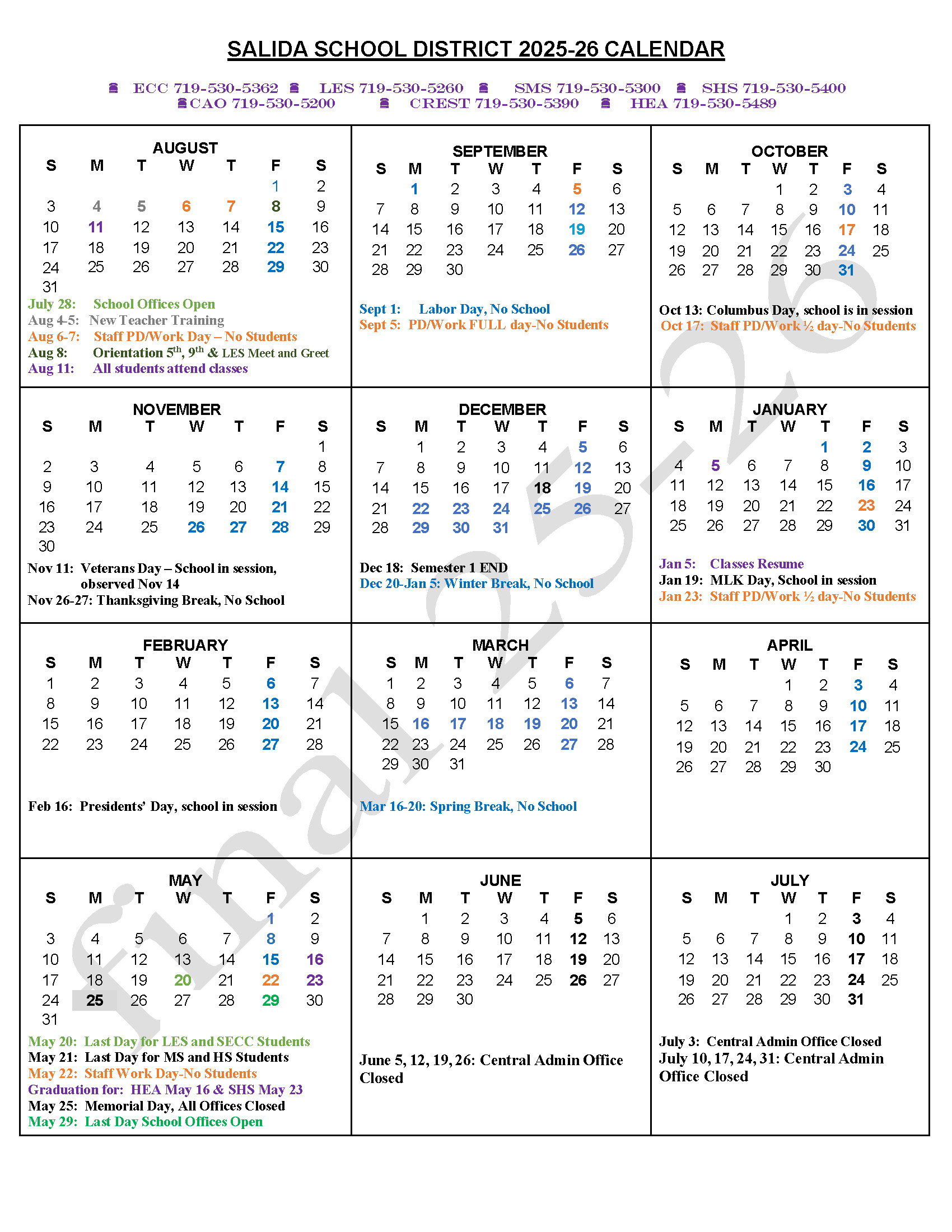 jpg image of the 25-26 Salida School District Academic Calendar