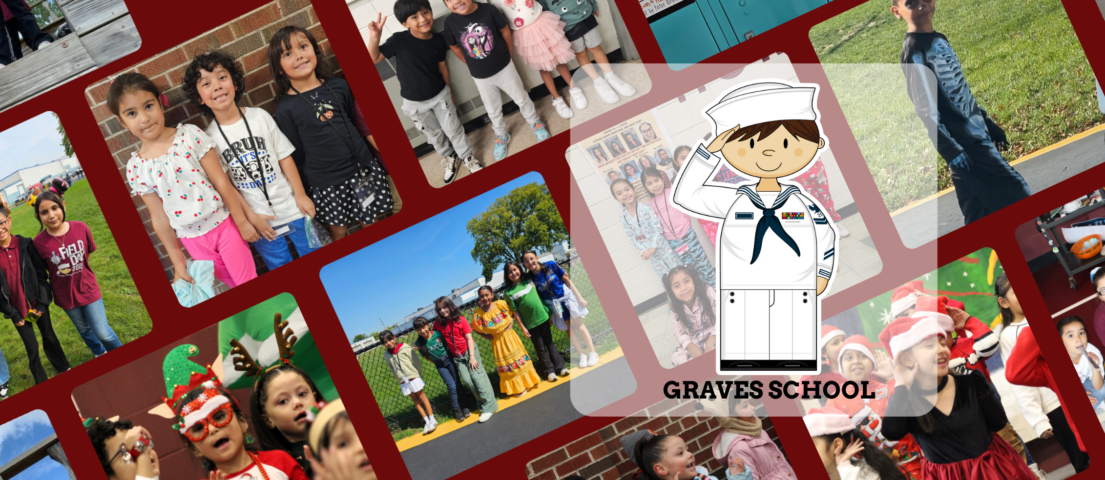 Collage of diverse children in various settings and outfits, exuding joy and celebration, centered around a cartoon sailor. Text reads "Graves School."