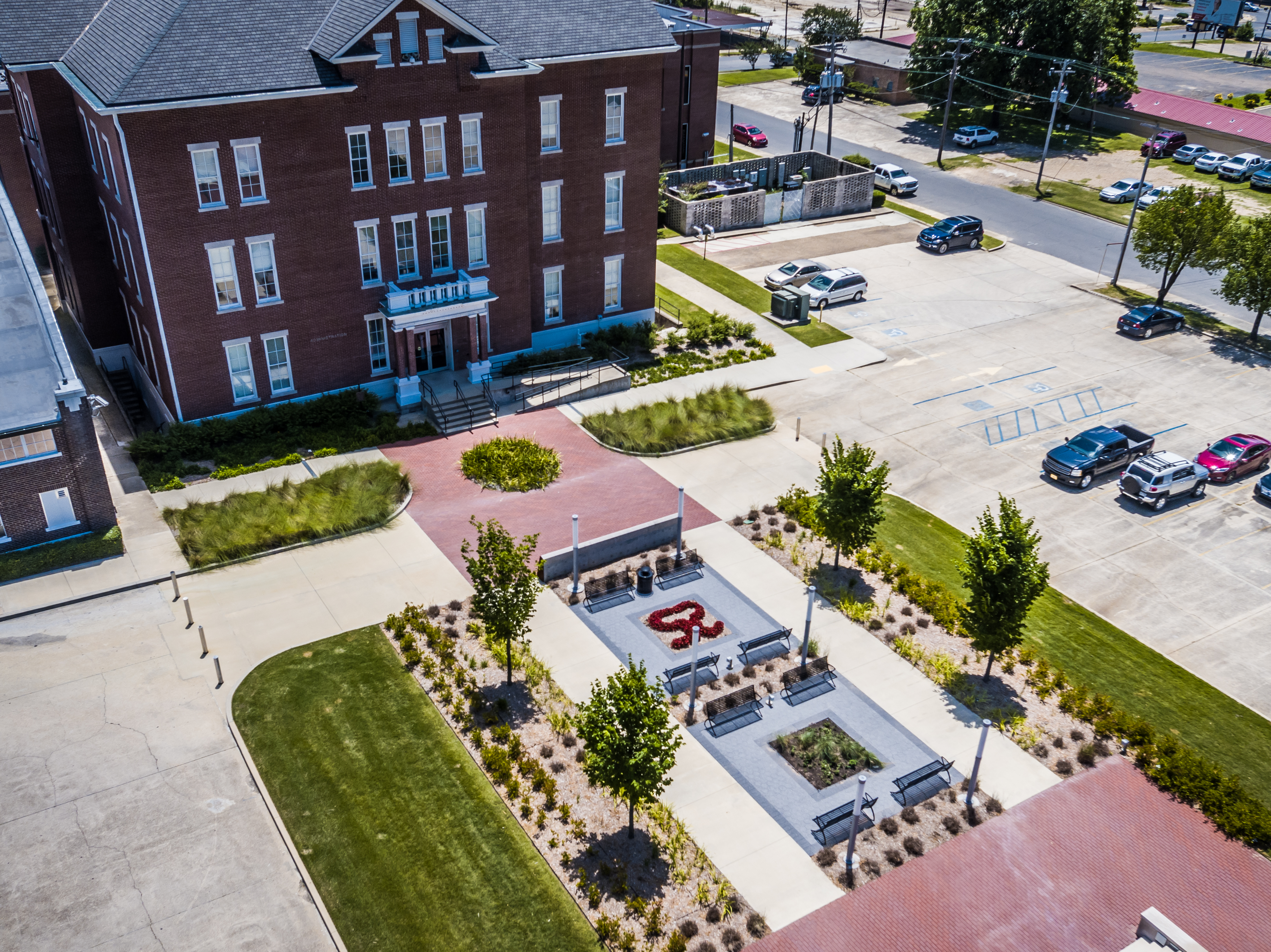 Heritage plaza aerial view with Thomas Administration building in the background