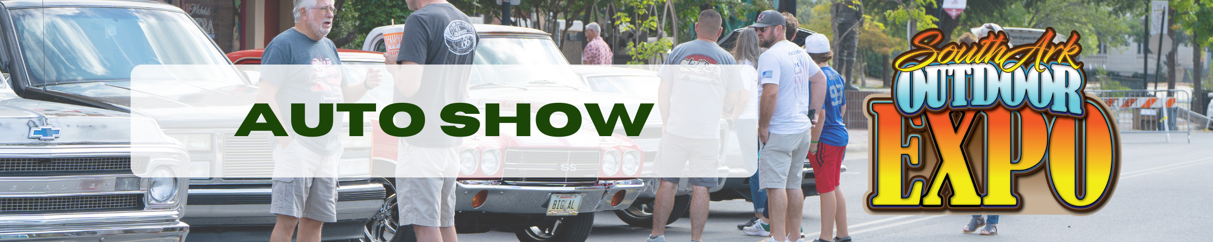 Text banner with "auto show" text and Outdoor Expo logo over a photo of the 2024 outdoor expo car show