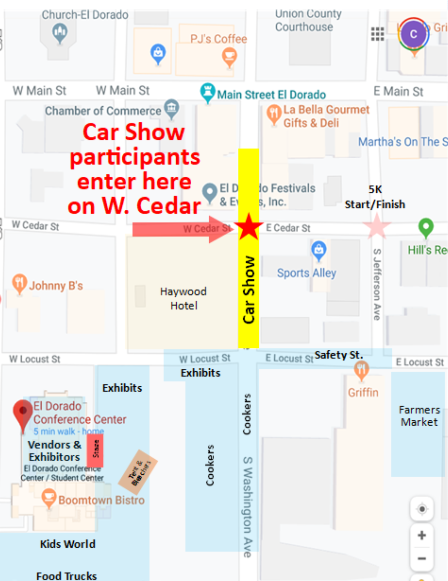 Image of map showing car show participants to  enter at the corner of W. Cedar St and St. Washington Ave.