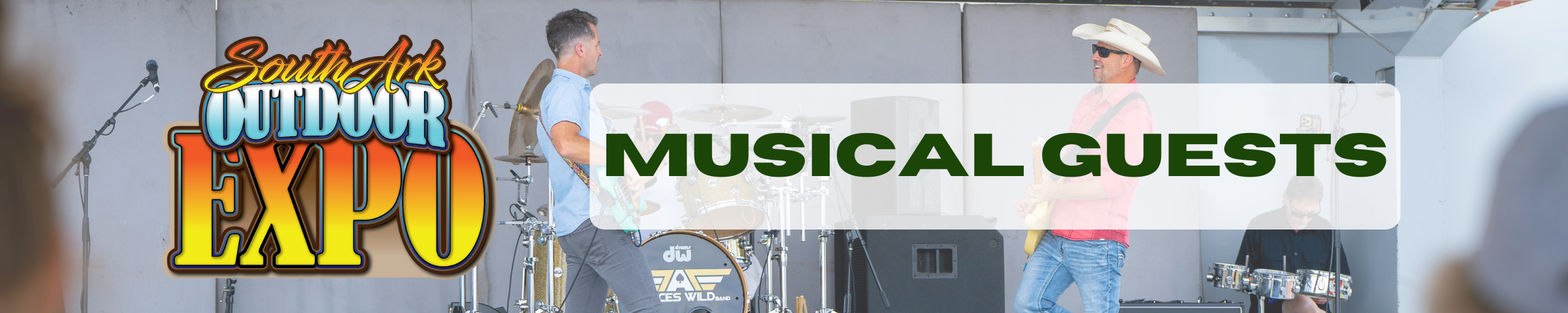 Musical Guests text banner with Outdoor Expo Logo over a photo of a band preforming at the 2024 Outdoor Expo