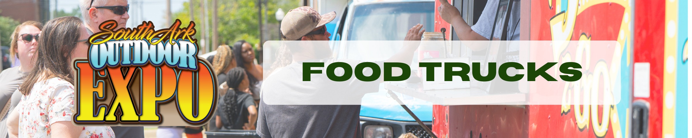 Food Truck text banner with Outdoor Expo logo over  a photo of participants ordering from food trucks at the 2024 Outdoor Expo