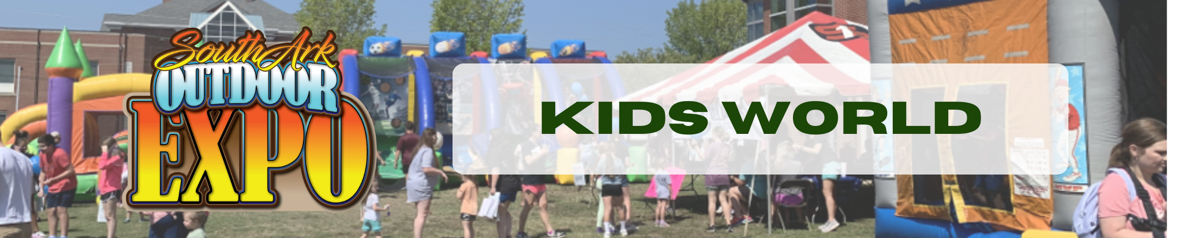 Kids World text banner with Outdoor Expo logo over a photo of kids world from the 2023 Outdoor Expo