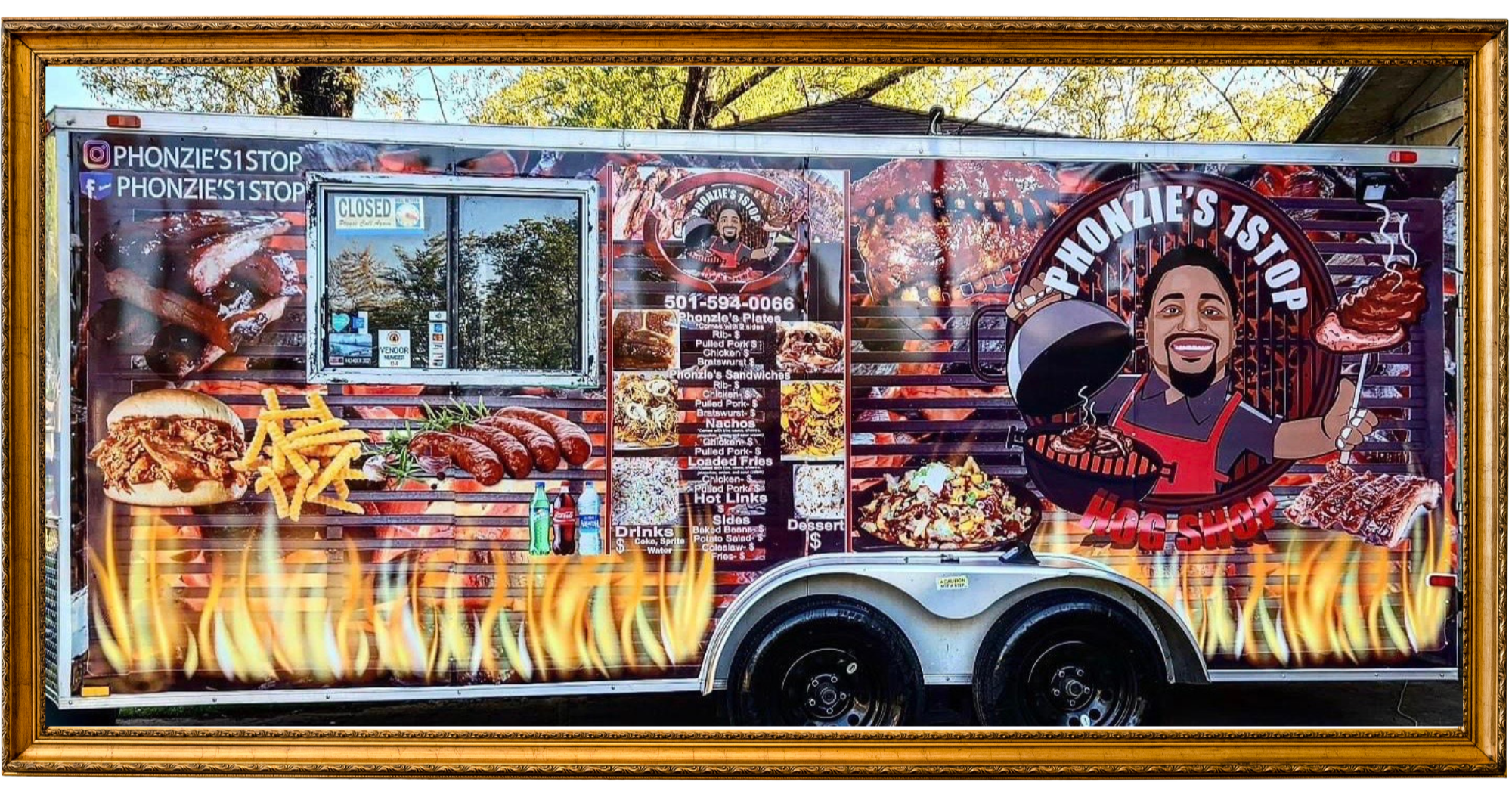 Phonzie's 1 stop hog shop trailer with a picture frame border