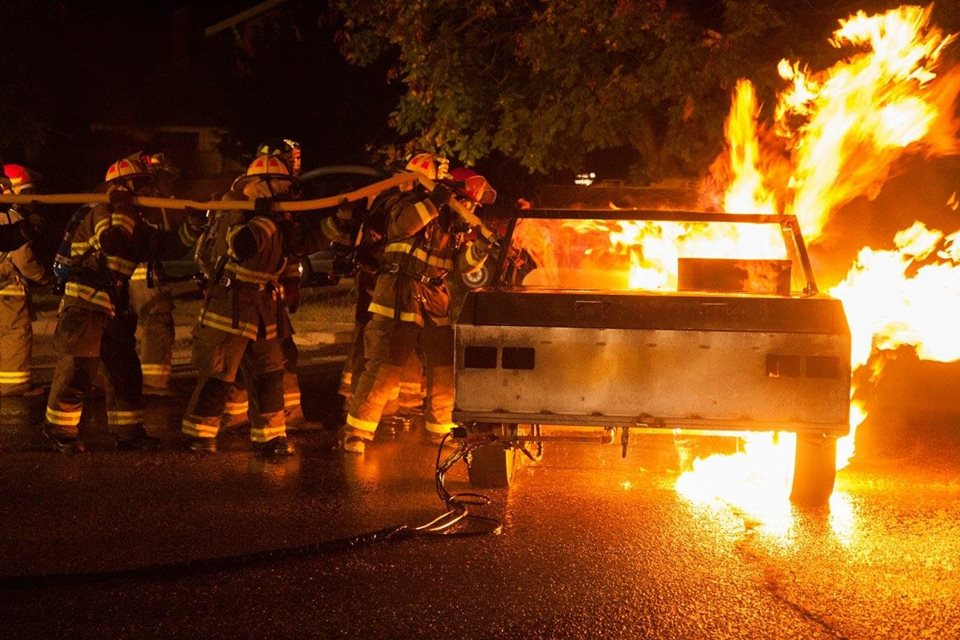 firefighters working as a team to put out a fire