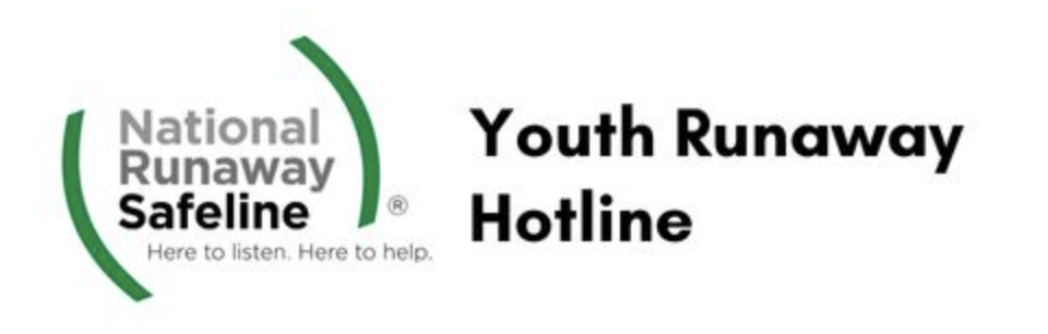 A sign advertising the National Youth Runaway Safeline with a phone number provided.