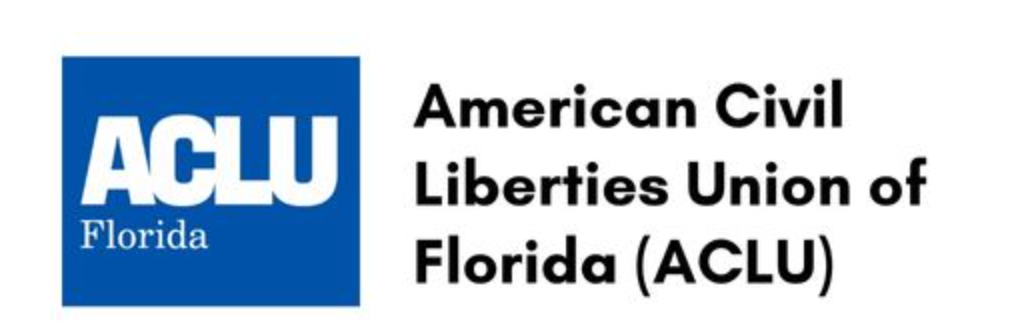 The image shows a logo with the text 'American Civil Liberties Union of Florida' and a depiction of the Florida state flag, signifying an affiliation with this organization based in Florida.