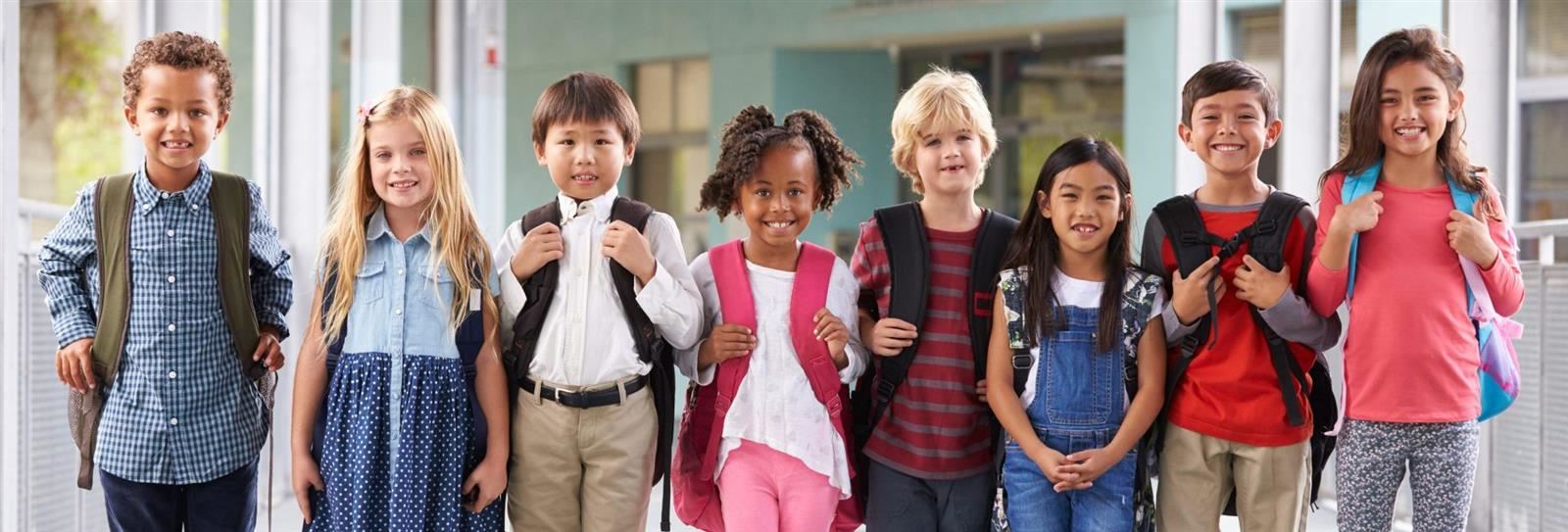 Diverse kids school hallway 