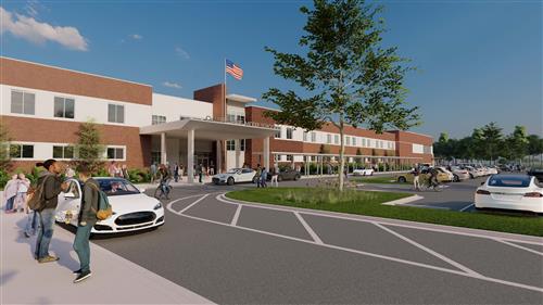 This image depicts a school building with an American flag, people walking by the entrance, and vehicles parked in the parking lot during daylight.