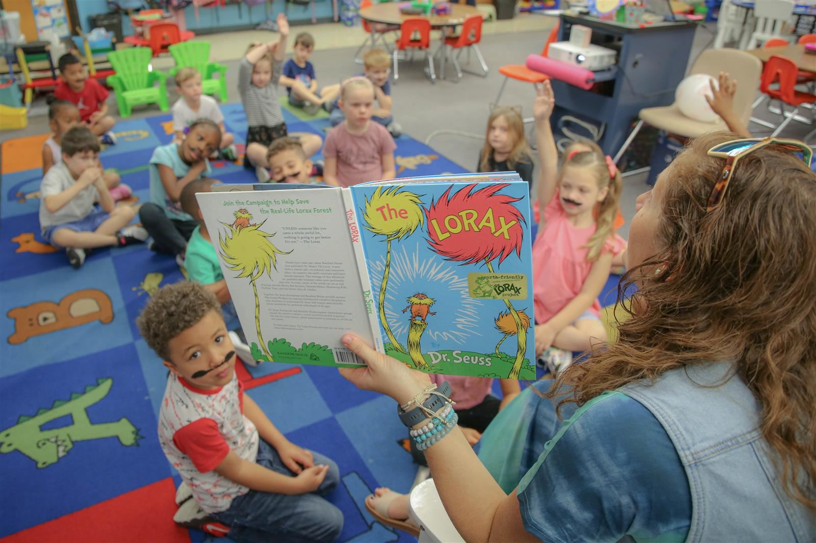 Teacher reading a book to kindergarten students