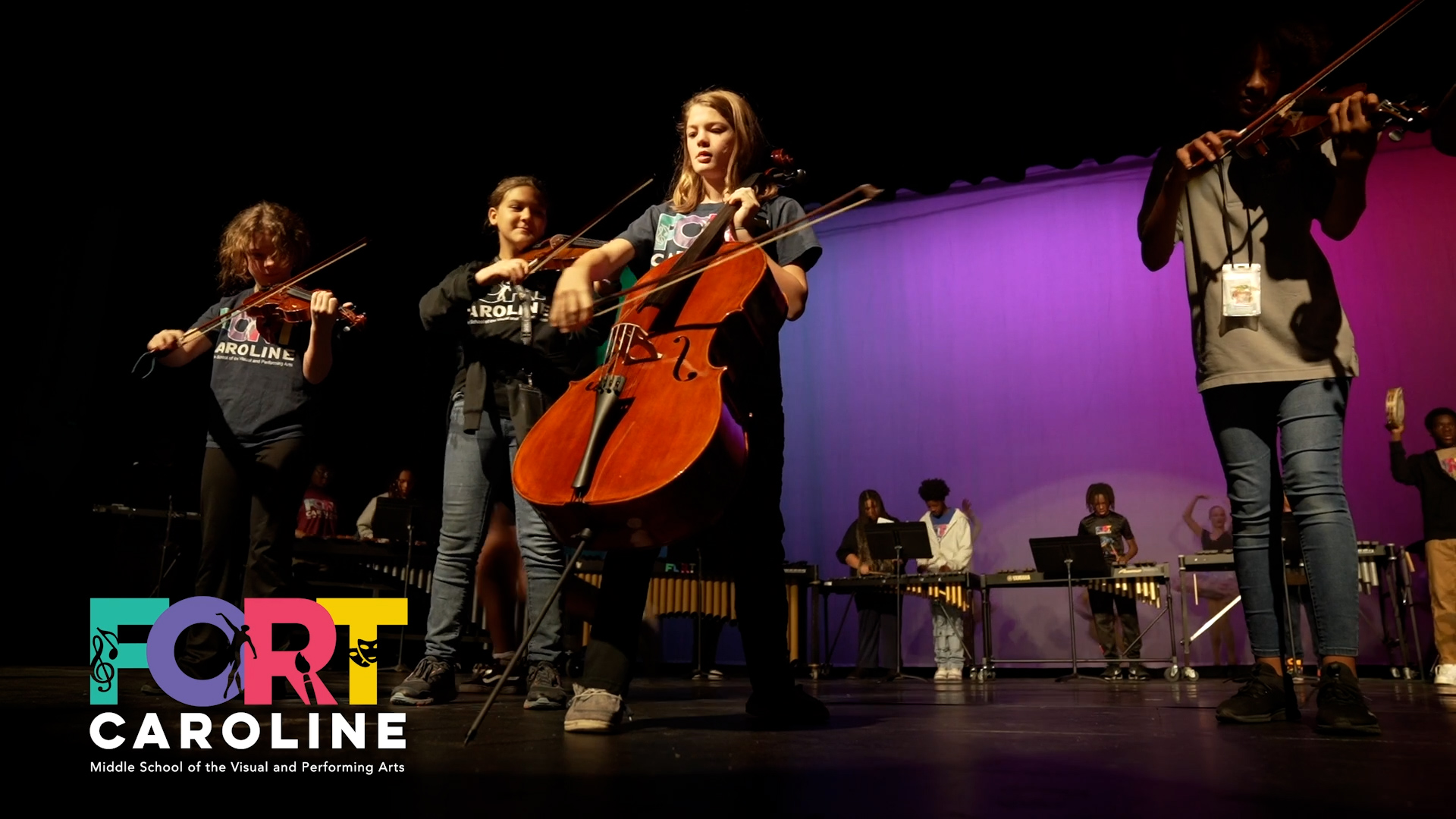 Students playing music instruments. Fort Caroline, Middle School of the Visual and Performing Arts