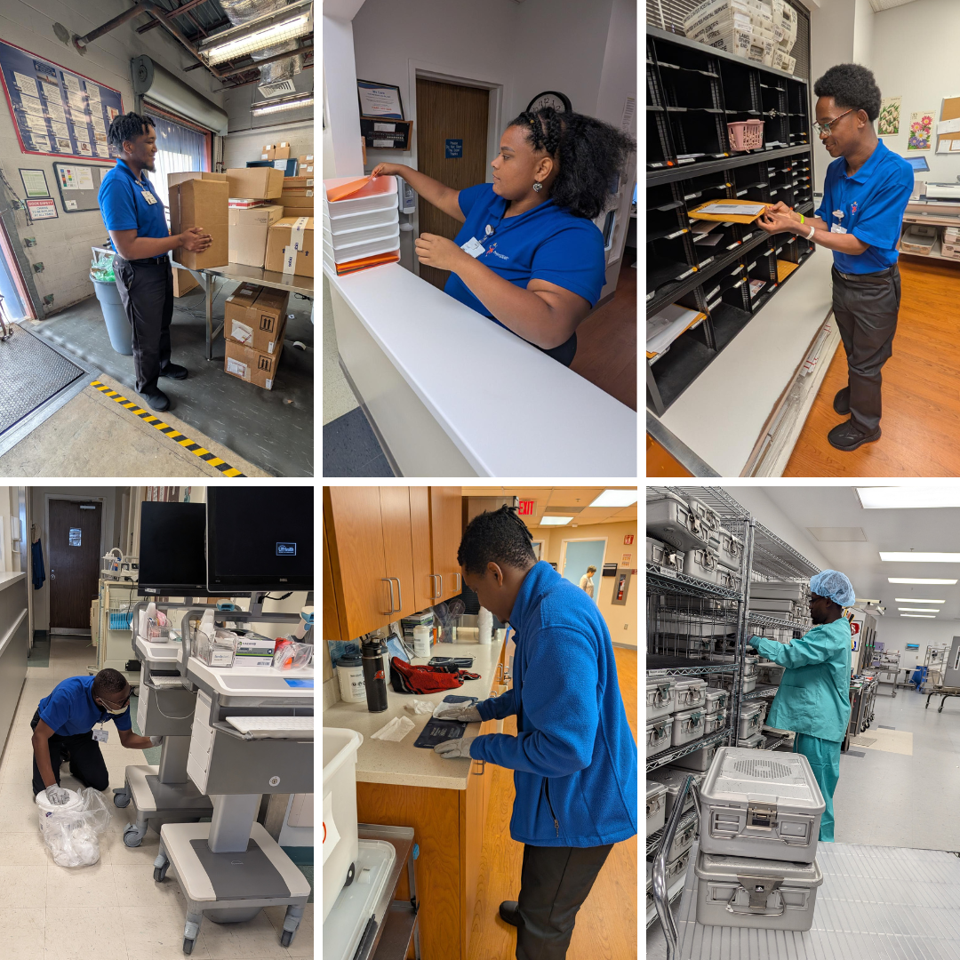 Six photos of Project SEARCH Interns working on the job at UF Hospital