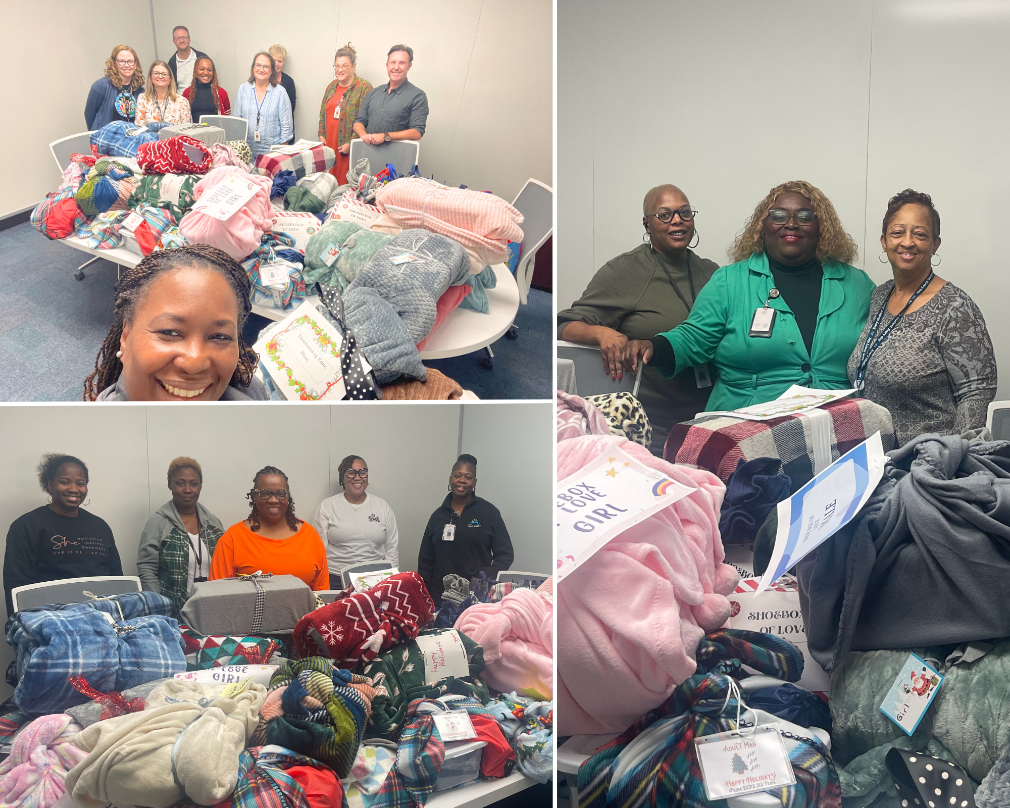 Team B employees pose in front of contributions for Shoeboxes of Love for the homeless