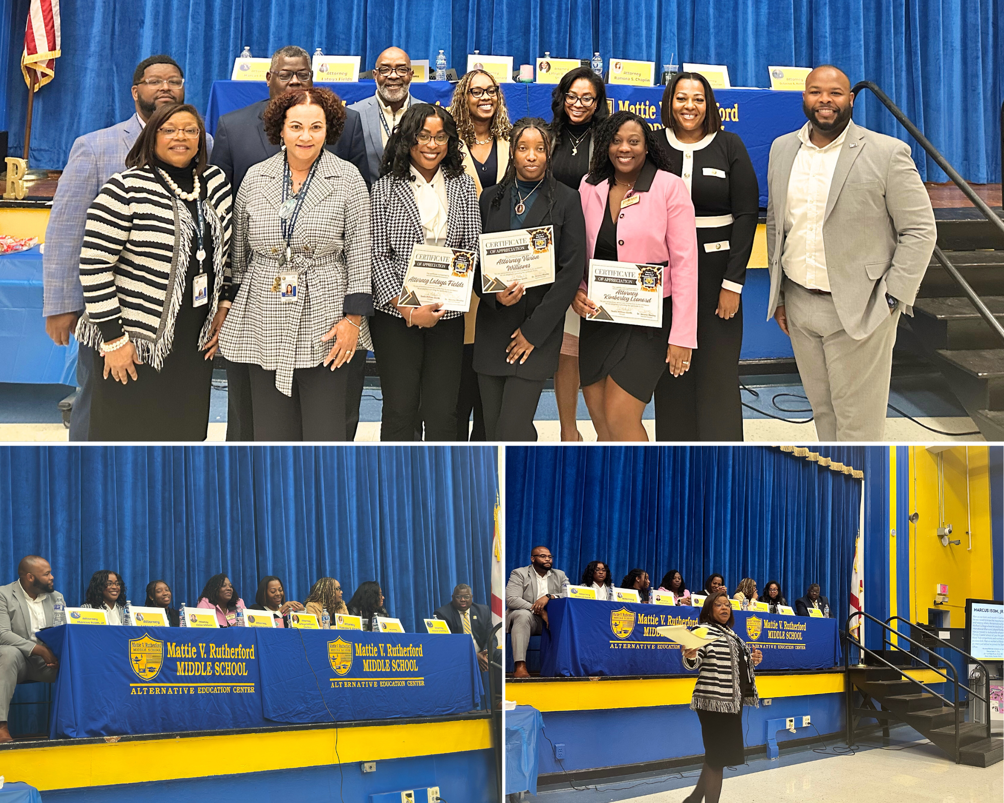 A group of African American attorneys speak at Mattie V Rutherford Middle Alternative School