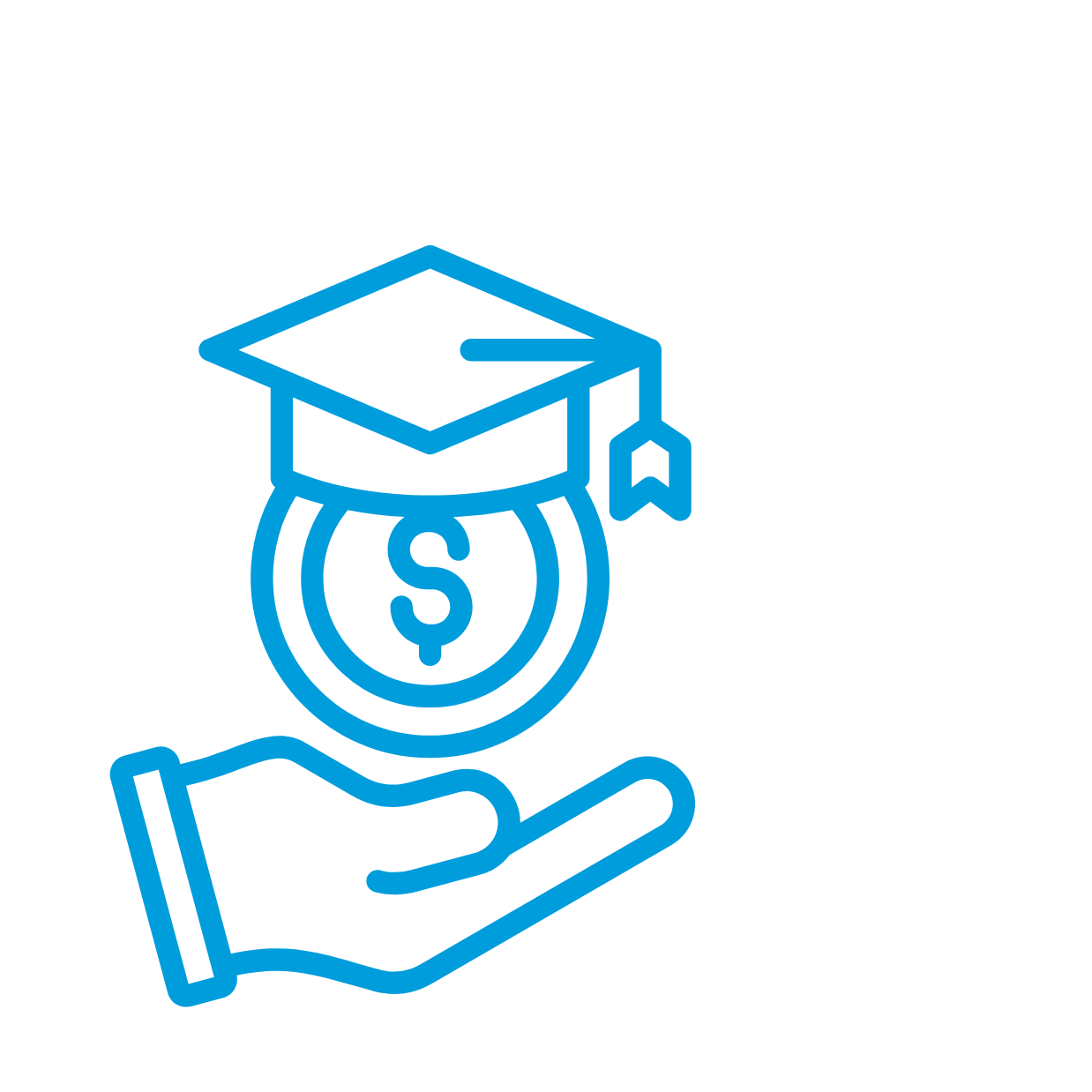 An icon of an open hand holding a round object with a dollar sign, wearing a graduation cap. Symbolizes educational funding or student loans.