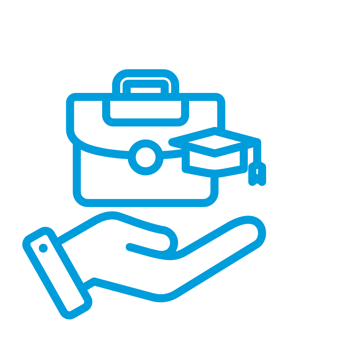 A blue outline icon of a hand holding a briefcase and a graduation cap, symbolizing career readiness and education support. Black background.