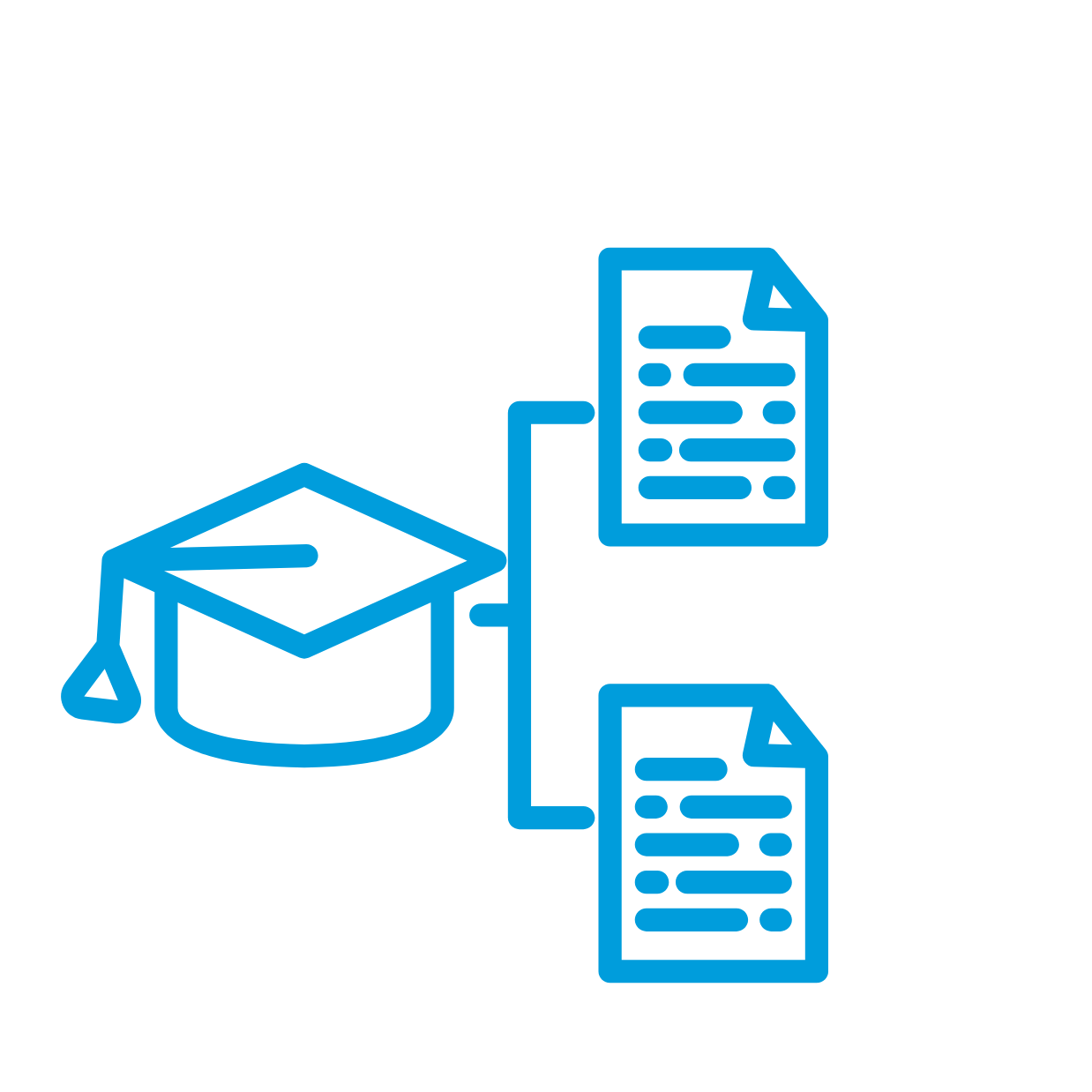 Blue line art icon of a graduation cap connected to two documents, representing education and learning processes. The tone is academic and professional.
