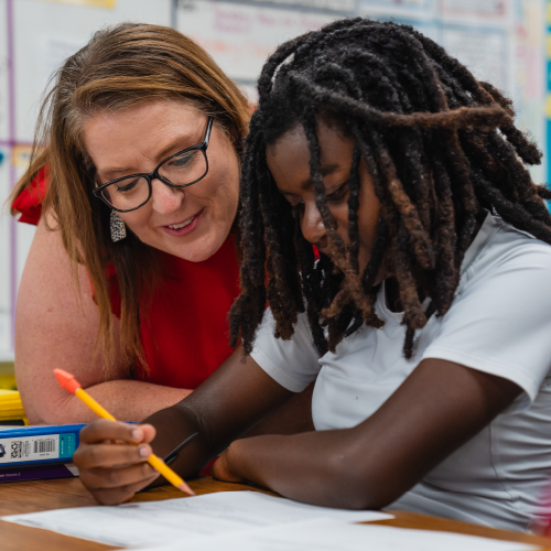 Teacher helping students. 