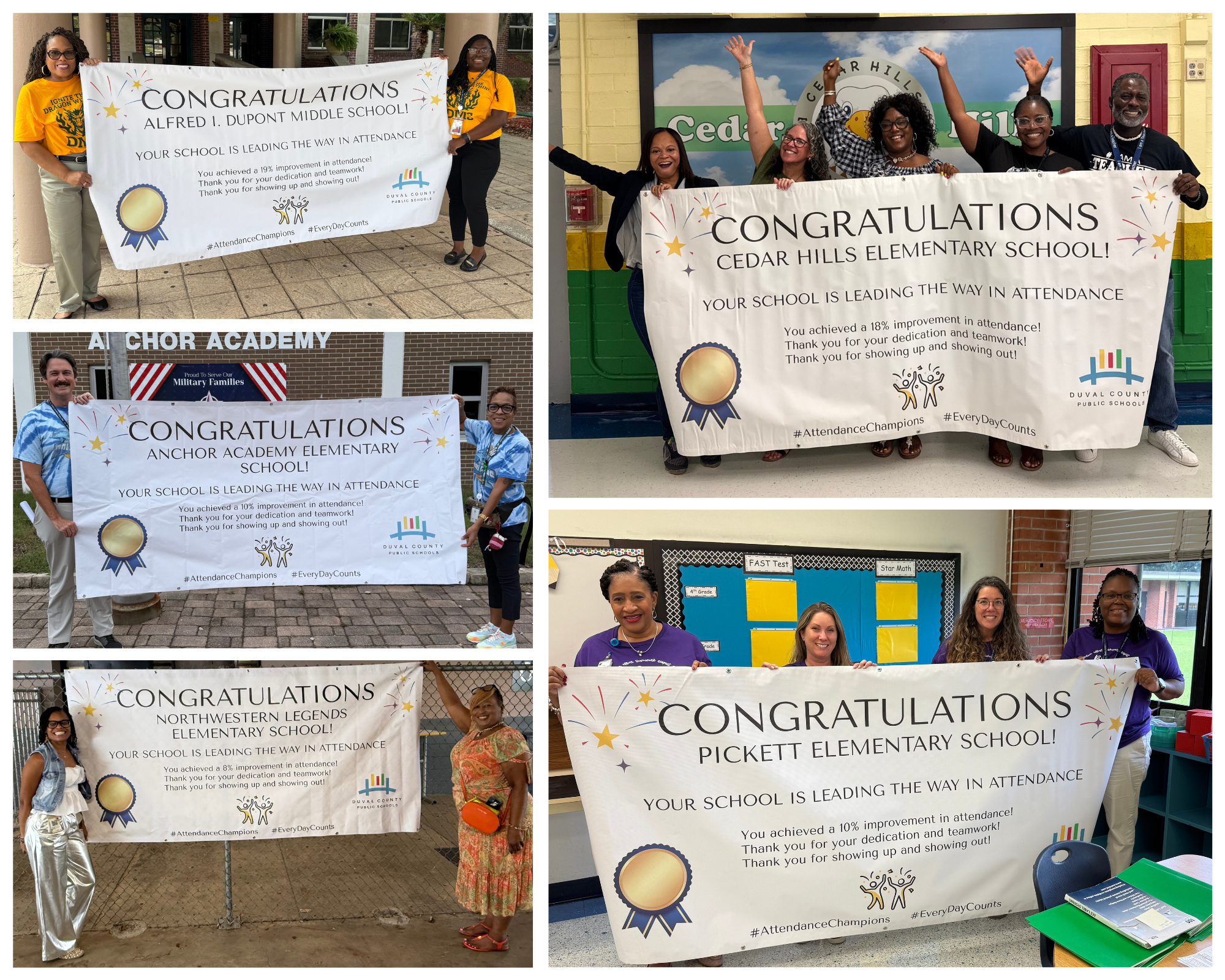 Anchor Academy ES, Cedar Hills ES, Northwestern Legends ES, Pickett ES, and Alfred duPont MS recognized as Attendace Champions and presented with banners