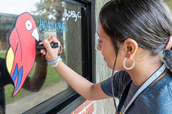 A student uses a marker to draw a colorful red parrot and the word 'Honduras' on a glass window.