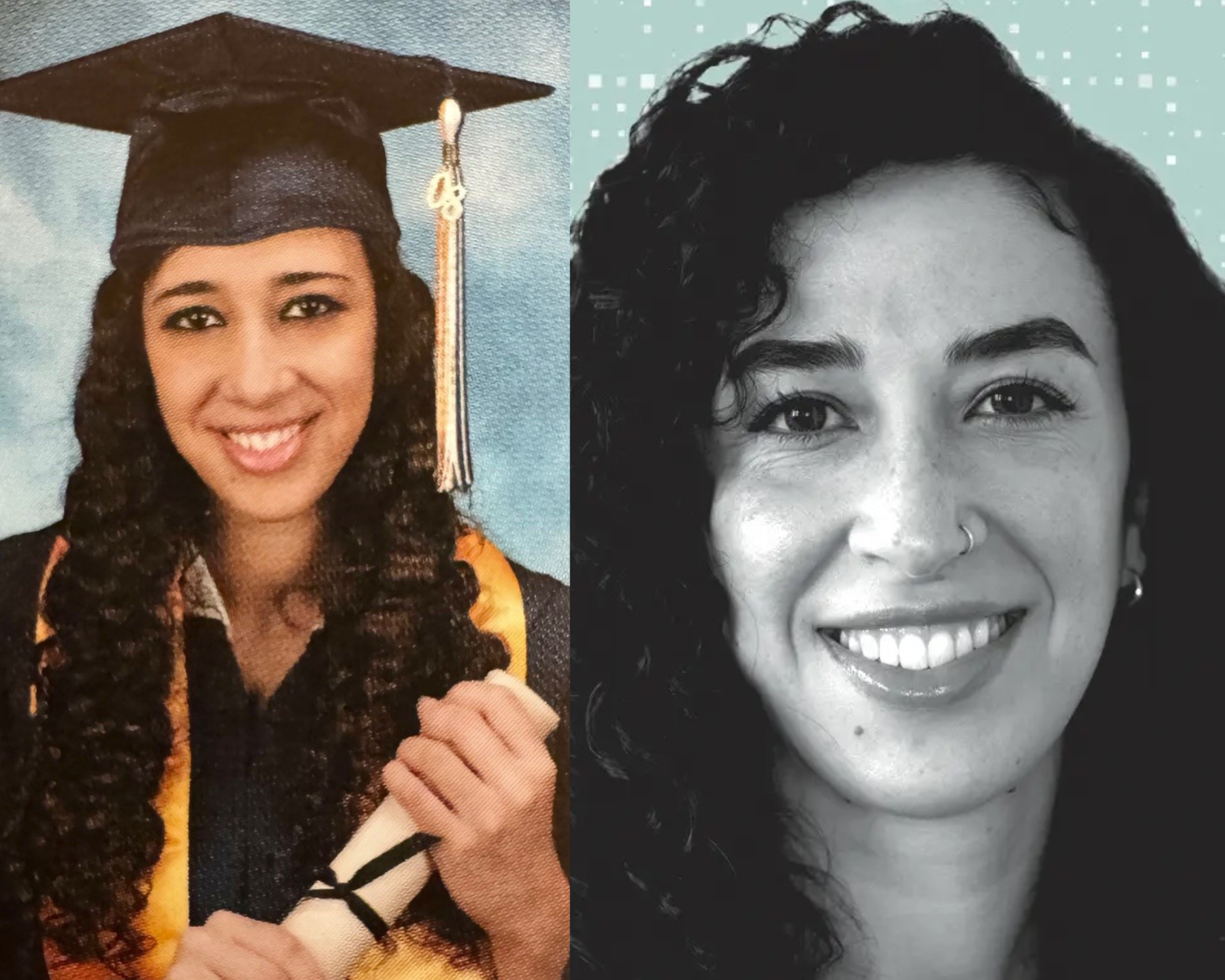 Split screen image. The left photo is Dr. Heidy Khlaaf's graduation photo. The right  photo is  Dr. Khlaaf's portrait in  TIME magazine