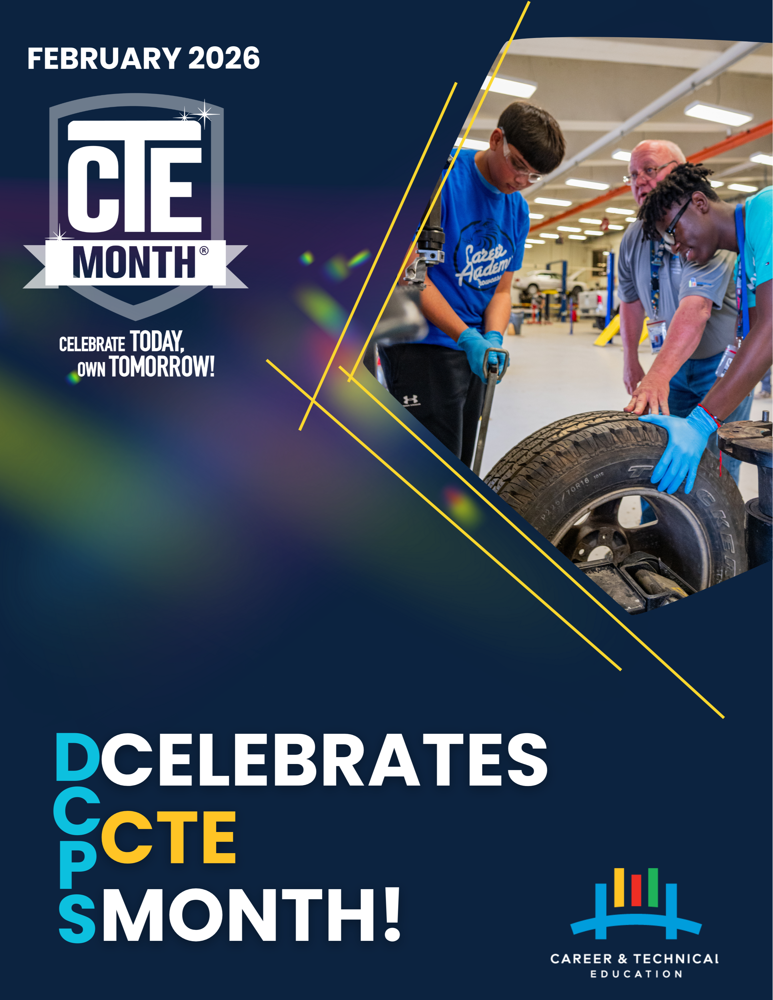 A teacher and two students inspect a car tire at the school's automotive shop. The scene conveys focus and professionalism.