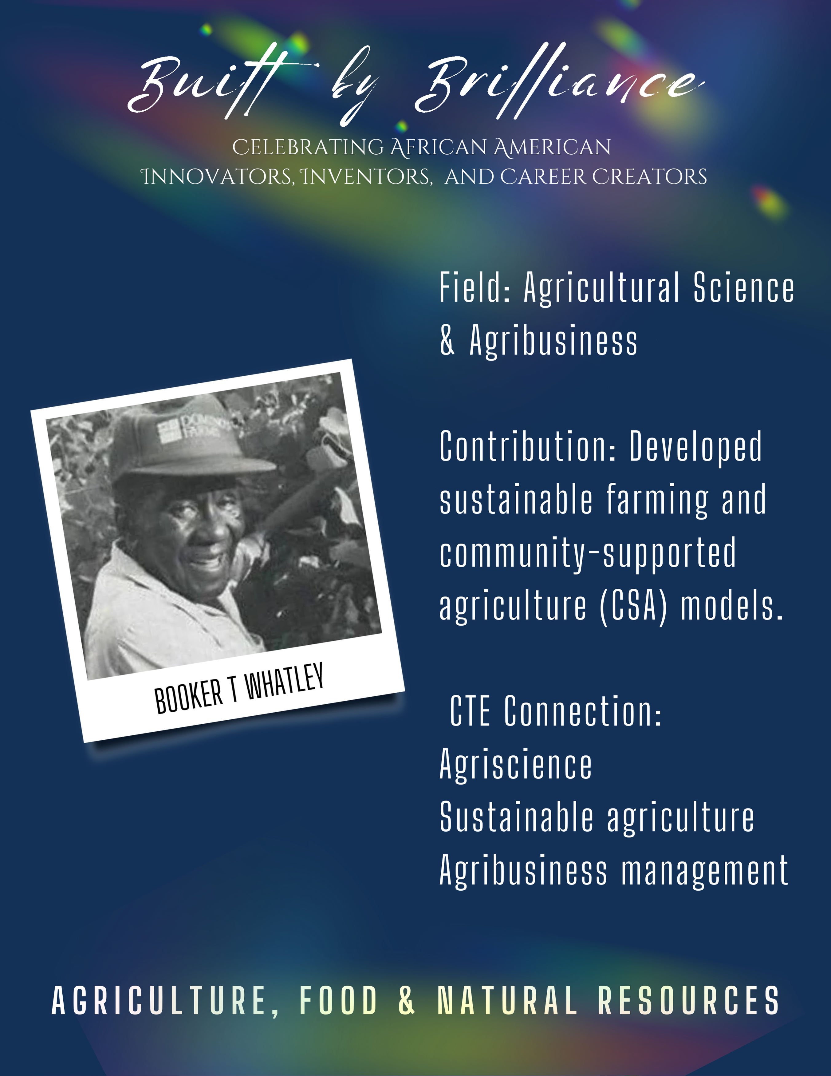 Image of African-American man with text explaining their contribution to agriculture, food and natural resources career pathway.