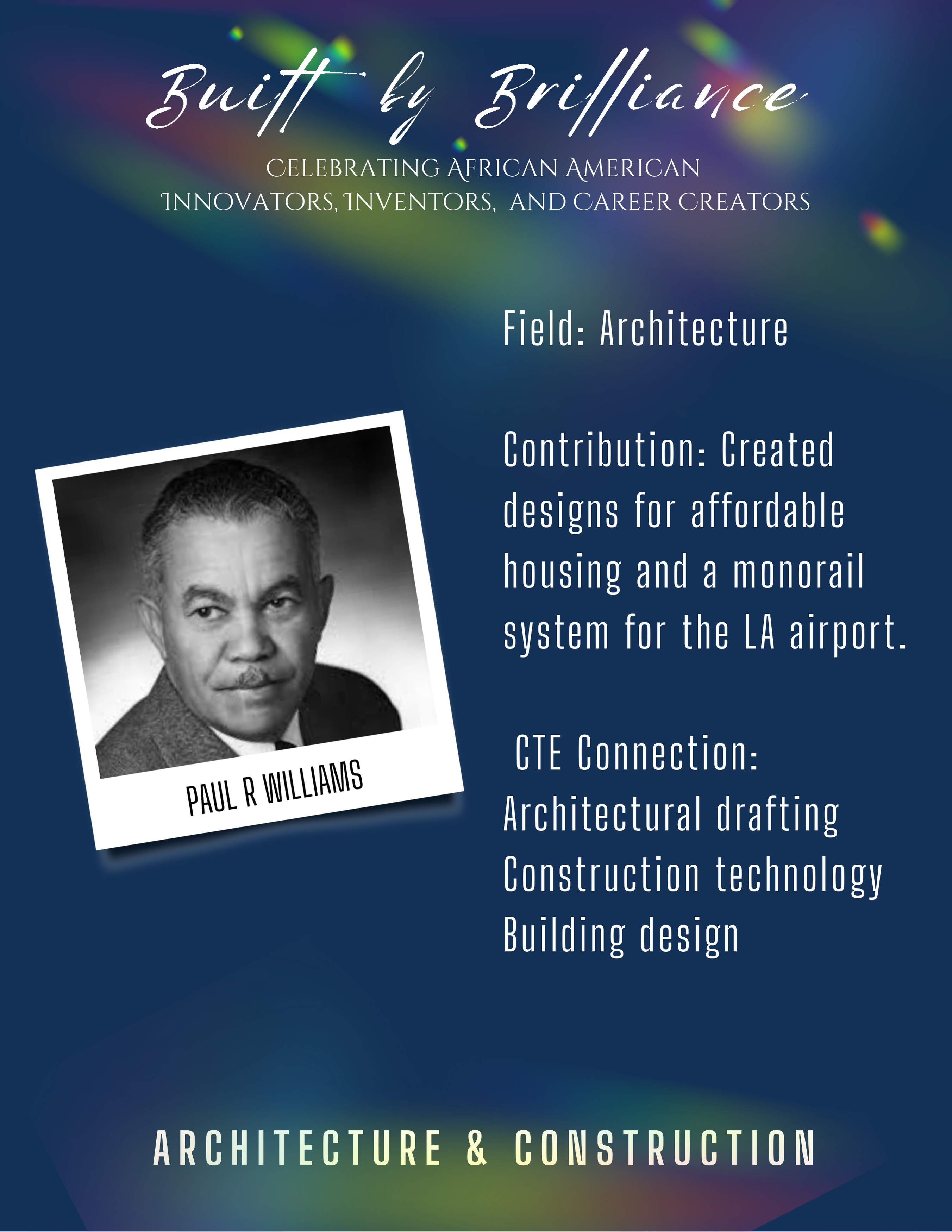 Image of African-American man with text explaining their contribution to architecture and construction career pathway.