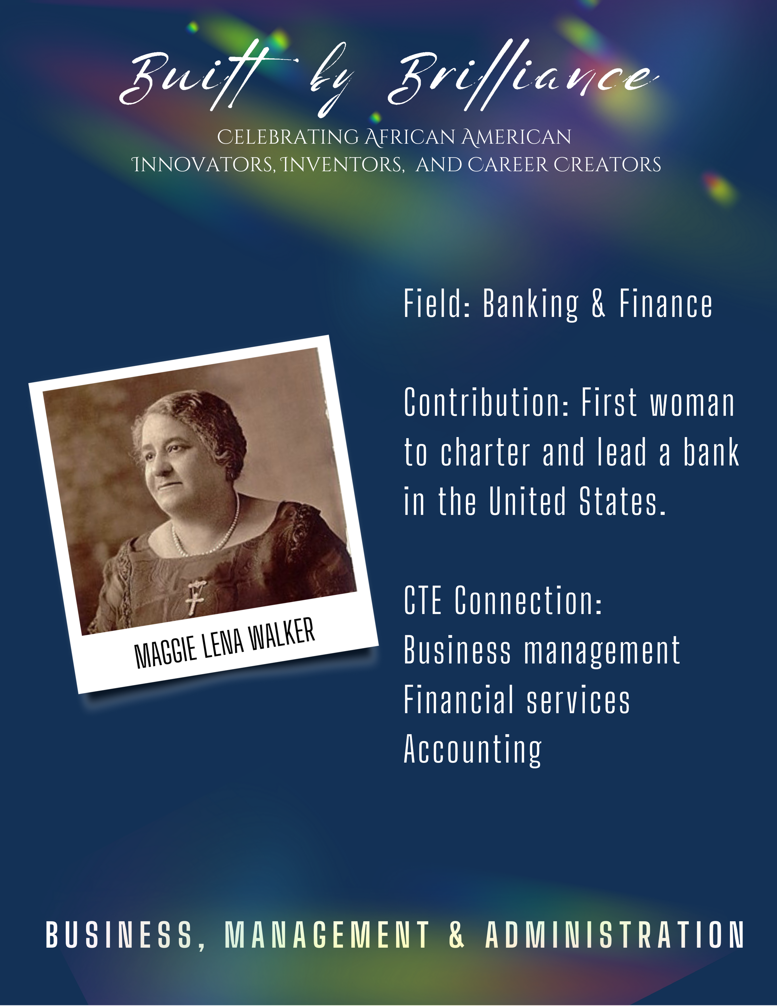 Image of African-American woman with text explaining their contribution to business, management and administration career pathway.