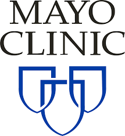 Mayo Clinic in black letters with blue emblem underneath on white background.