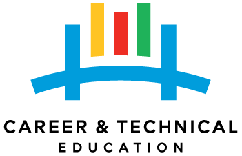 Career and Technical Education words underneath blue bridge with red, yellow, and green lines above it.